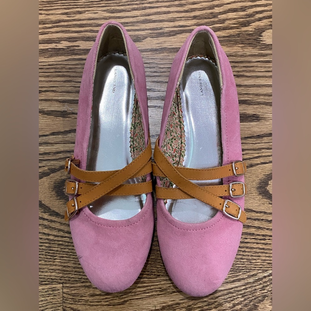 Pink flats with brown belt overlay and stainless steel hardware
